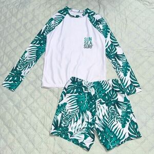 Tween Boy Random Tropical & Letter Graphic High Neck Raglan Sleeve Swimsuit